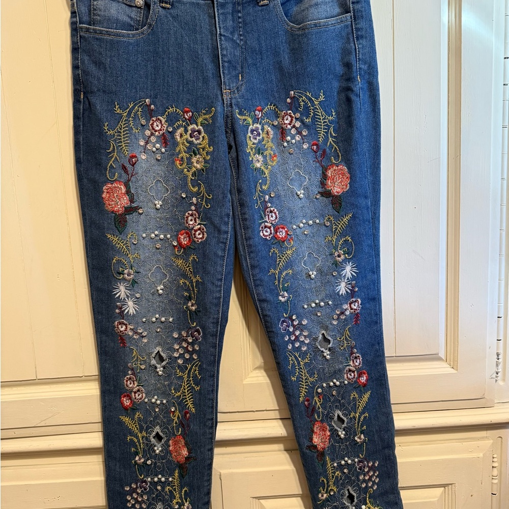 VENUS Floral Embroidered Skinny Jeans - Blue
